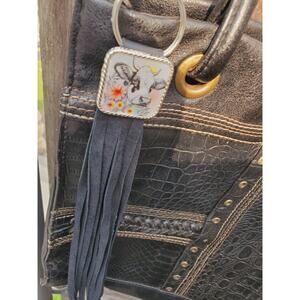 Handmade cow lover boho Leather Fringe Western bag charm, Long fringe keychain